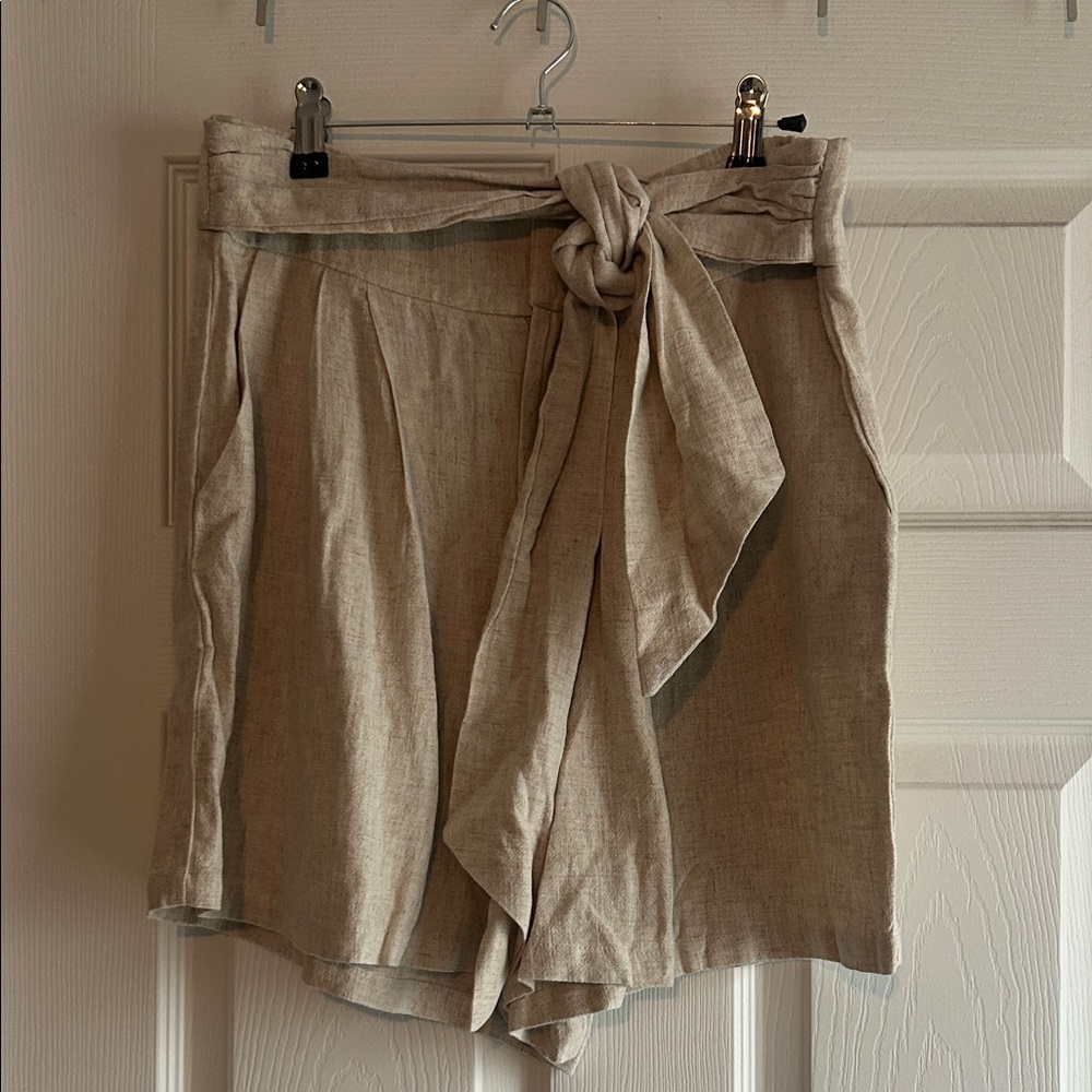 Women's Tan Linen Shorts with Tie Waist - Picture 3 of 11